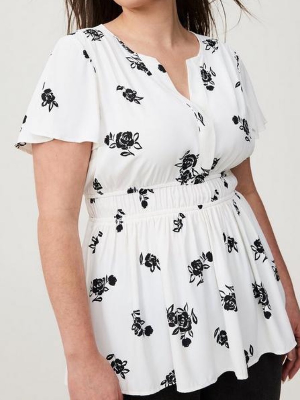 TORRID White Floral Peplum Blouse with Black Rose Print